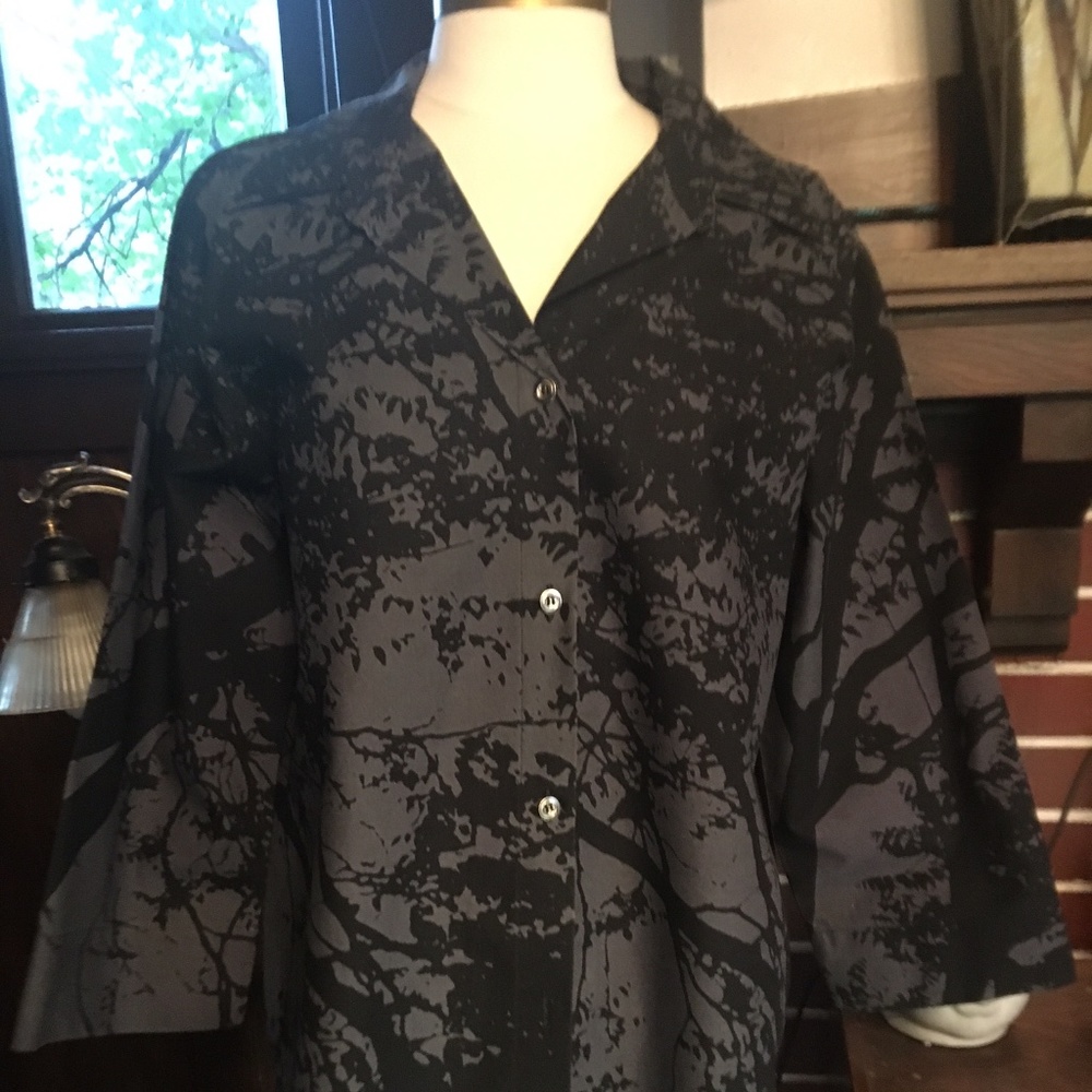 Vintage Mika Pirainen Marimekko Black & Gray Heavy Cotton Print Shirt Size 42/14